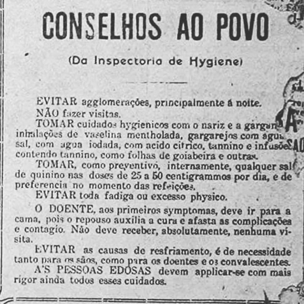 Inspetoria de Higiene do Estado de SP - Gripe Espanhola - informativo Conselhos ao Povo 1918 - site Migalhas