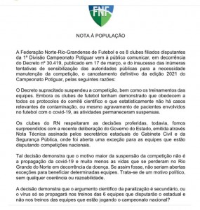 FNF em Nota à População cancela Campeonato Estadual 2021