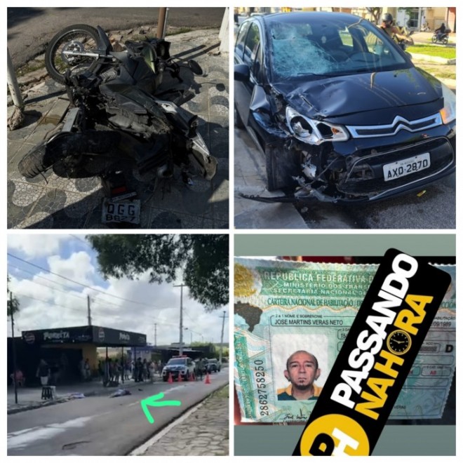 José Martins Veras Neto ficou corpo no asfalto, após carro bater na traseira de sua moto (Imagens Passando na hora/Edição BCS)
