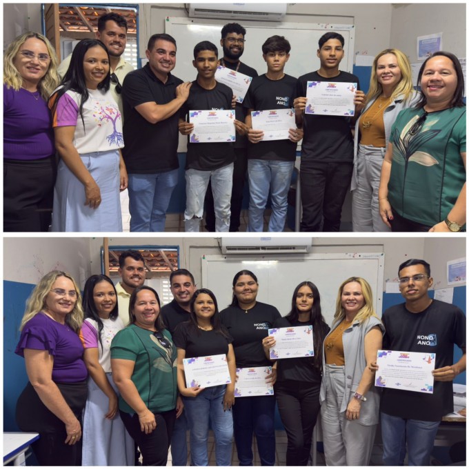 Prefeito Kênio, professores, secretária Milane e estudantes: avanço (Fotomontagem do BCS)