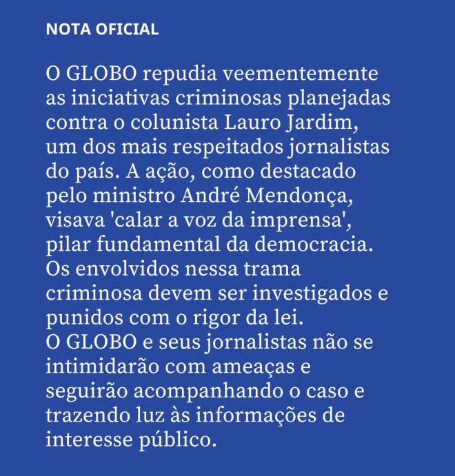 Reprodução de nota de O Globo