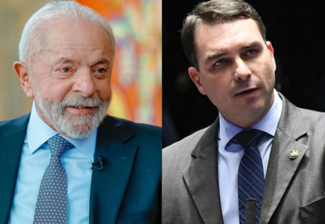 Lula tem 49,1% das intenções de voto e Flávio soma 25,4% (Fotomontagem: reprodução da Web/98 FM)
