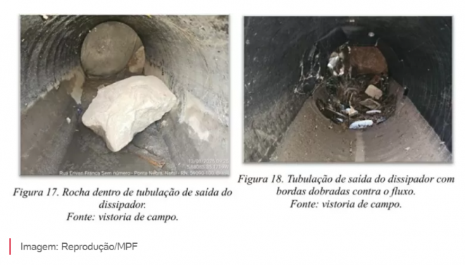 Rocha dentro de tubulação em obra (Foto: reprodução)