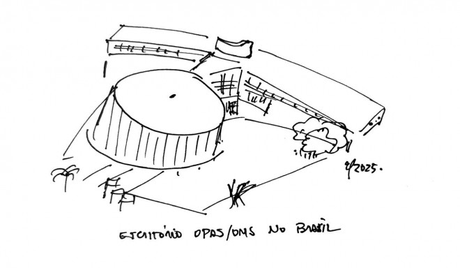 Desenho que retrata escritório da Opas no Brasil, de autoria de Gustavo Sobral (Reprodução do BCS)