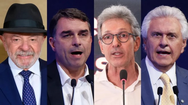 Lula, Flávio, Zema e Caiado: vai começar (Fotos: Laurrent Gillieron, Sergio Lima-AFP e Marina Uezima Brazil Photo Press, via AFP)
