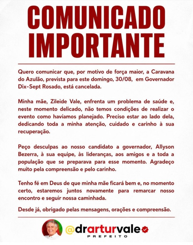Comunicado que o prefeito postou em redes sociai (Reprodução do BCS)