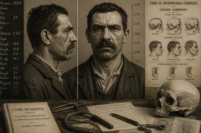 Arte ilustrativa exclusiva com recursos de IA, sobre Estudo Antropométrico Criminalístico do Século XIX, para o BCS