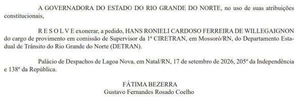 Exoneração é "a pedido" do próprio exonerado (Reprodução do BCS)