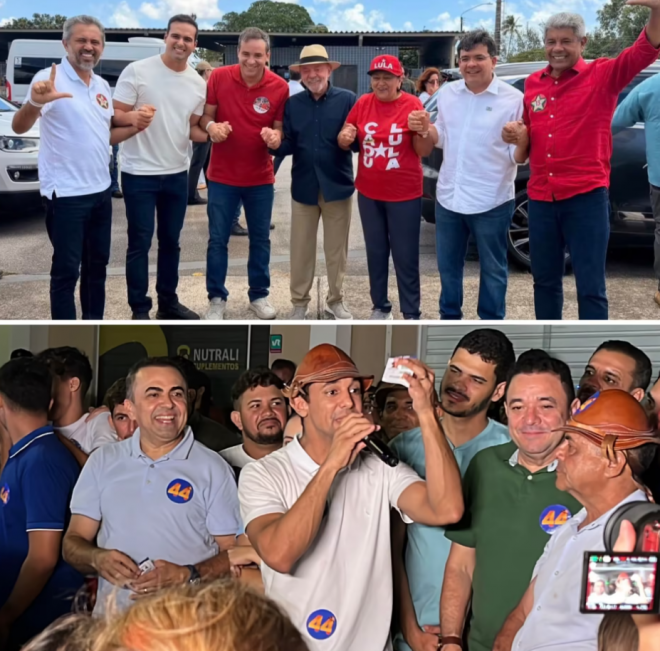 Lula com governadores, quando esteve no RN recentemente; Allyson em campanha em Mossoró no segundo turno (Fotomontagem do BSV)