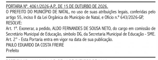 Print da portaria com exoneração "a pedido" (Reprodução do BCS)