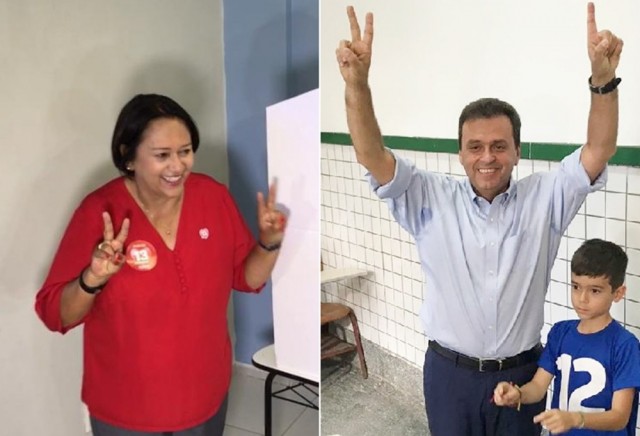 Fátima Bezerra (PT) e Carlos Eduardo (PDT) votam no primeiro turno em 2018 (Foto: Kleber Teixeira/Inter TV Cabugi)