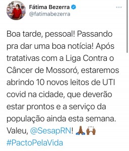 Fátima postou hoje à tarde (Reprodução BCS)