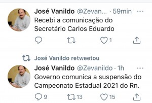 José Vanildo, presidente da FNF, comunica suspensão do Campeonato Estadual 2021 devido pandemia 19-03-21