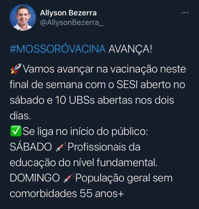 Vacinação a partir de 55 anos sem comorbidades - Mossoró, prefeito Allyson anuncia para fim de semana - 05 e 06 de Junho de 2021- Covid-19