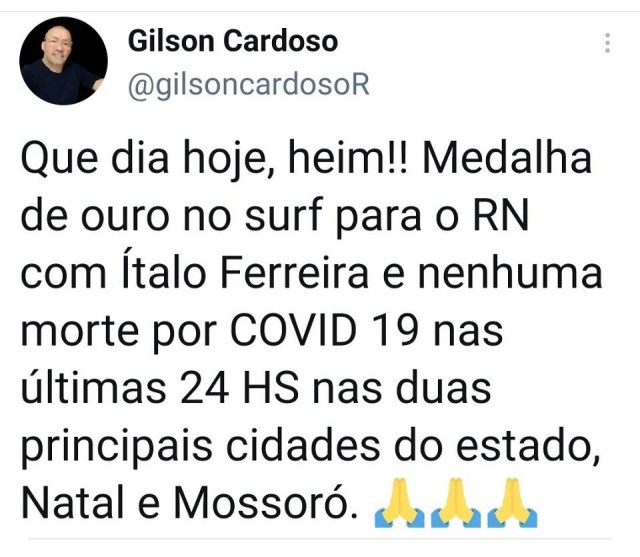 Gilson Cardoso informa que em 24 horas nenhuma morte por Covid-19 em Mossoró e Natal - de 26 para 27 de Julho de 2021