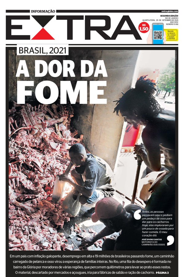 Capa do Jornal Extra do RJ - dia 29 de setembro de 2021 - gente recolhendo ossos para se alimentar - Print