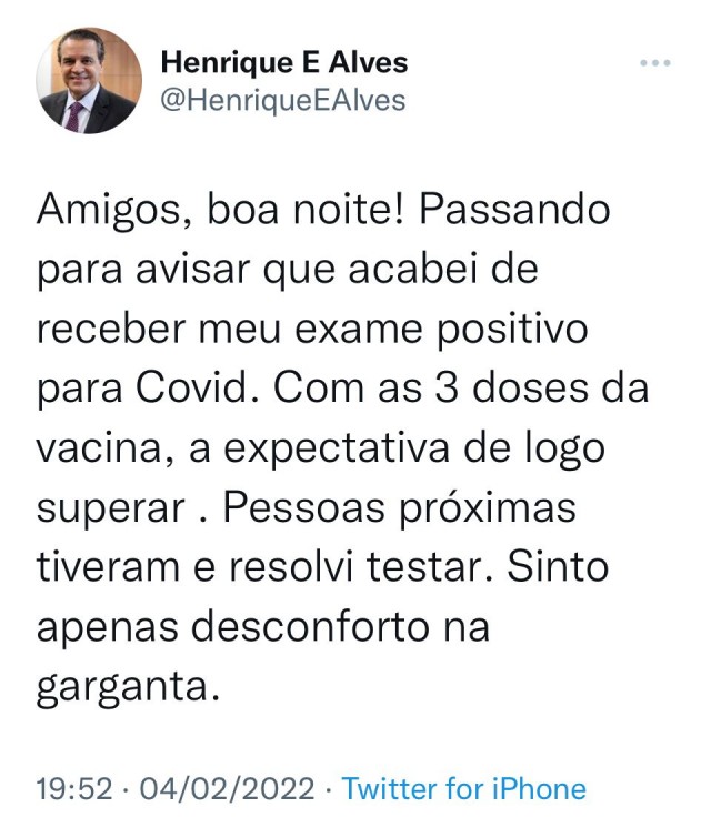 Henrique Alves testa positivo para Covid-19