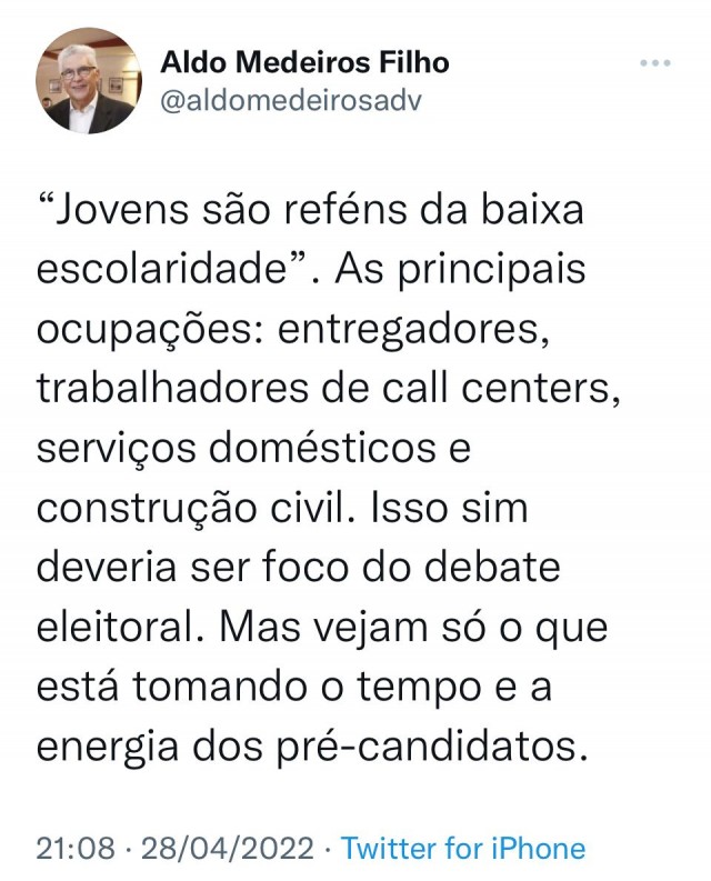 Aldo Medeiros Filho, presidente da OAB do RN, comentando debate de pré-candidatos longe de temas importantes, como falta de oportunidades para os jovens - 28-04-22