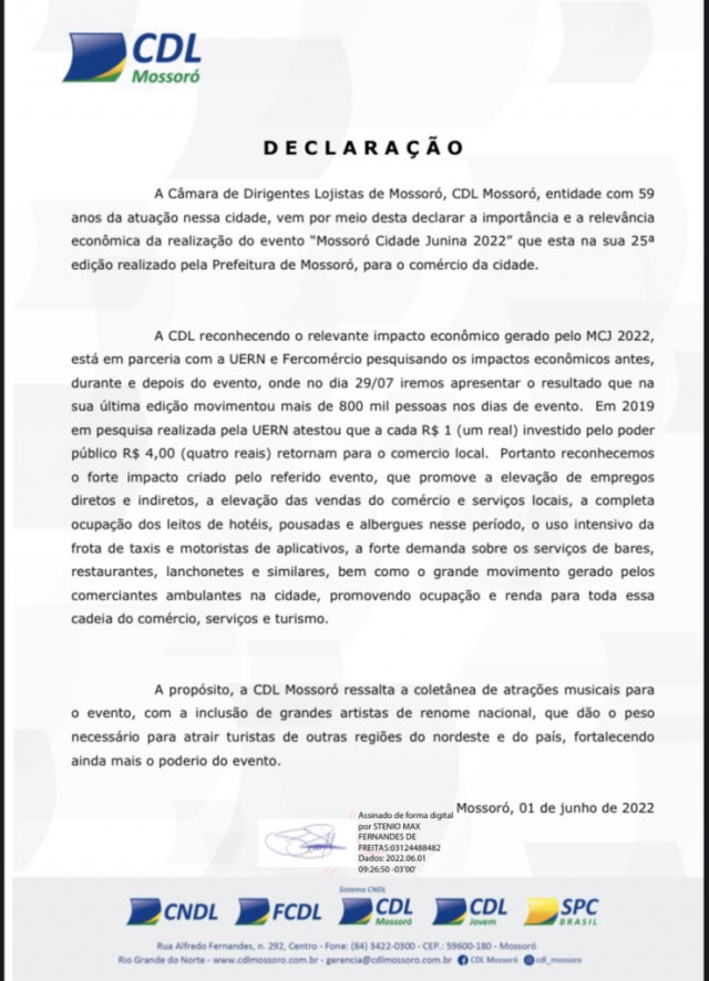 CDL se pronuncia em apoio ao Mossoró Cidade Junina - 01-06-22