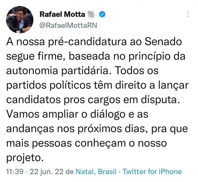 Rafael Motta avisa que segue pré-candidato ao Senado, correndo por fora, ampliando diálogo - 22-06-22 - após decisão do TSE sobre coligação majoritária ao Senado
