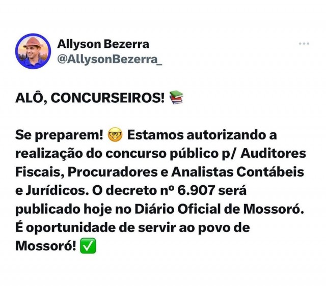 Allyson Bezerra anuncia concurso público para auditores fiscais e outras funções na Prefeitura de Mossoró - 22-09-2023