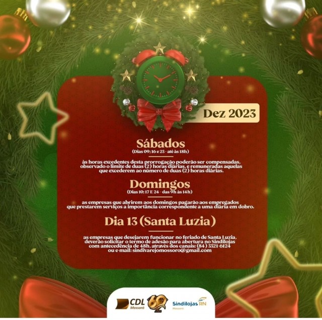 Ciclo Natalino 2023 - sábados,domingos e dia 13 de dezembro em Mossoró - Sindilojas e CDL