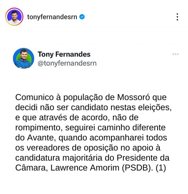 Sem saída, Tony Fernandes anuncia que não disputará prefeitura