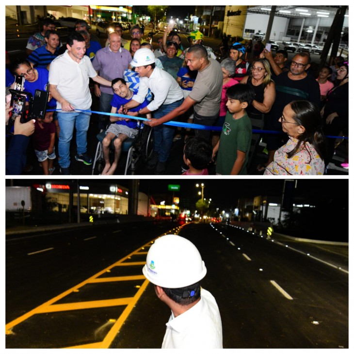 Prefeito entregou obra ao lado de auxiliares e populares, à noite passada (Fotos de Célio Duarte e fotomontagem do BCS)