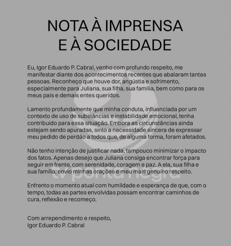 Print de nota enviada à TV Ponta Negra