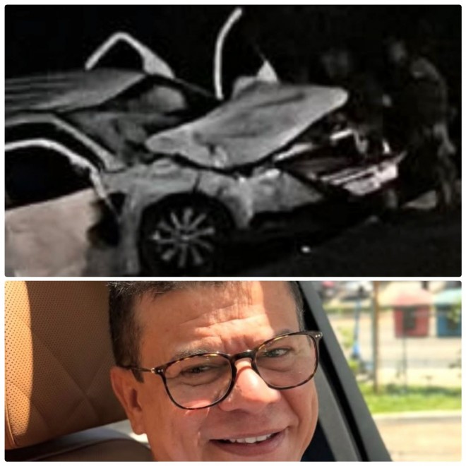 Veículo ficou bastante avariado; Juninho e demais ocupantes do veículo tiveram apenas escoriações (Fotomontagem do BCS)