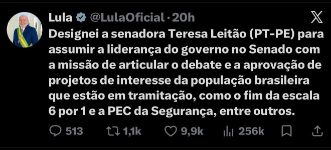 Postagem de Lula na rede social X (Reprodução do BCS)