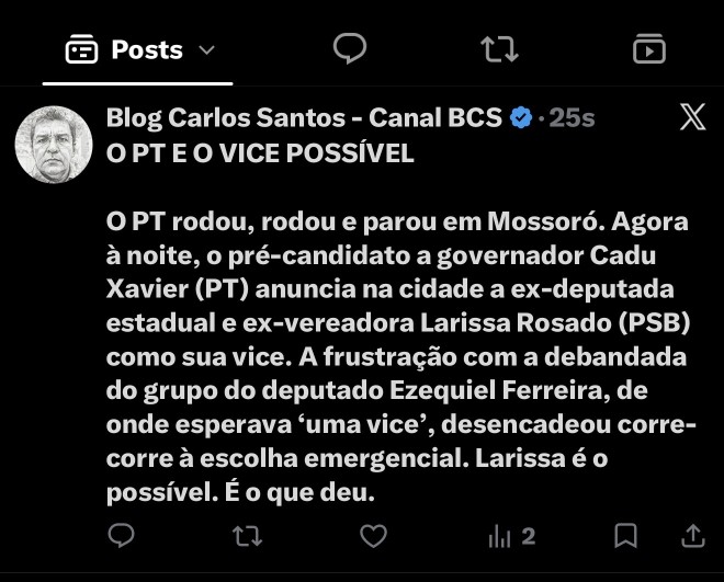 Print de postagem do BCS na plataforma “X” (ex-Twitter)