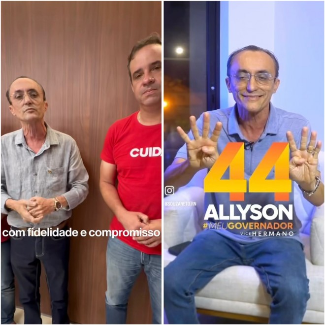 Hoje, Souza garante fidelidade e compromisso, com Cadu de rosto fechado; há dois dias, ele estava com Allyson (Fotomontagem do BCS, a partir de dois vídeos)